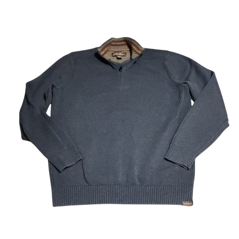 Eddie Bauer 1/4 Zip Sweater Blue w/ Brown Stripe Collar Mens Size Tall Large